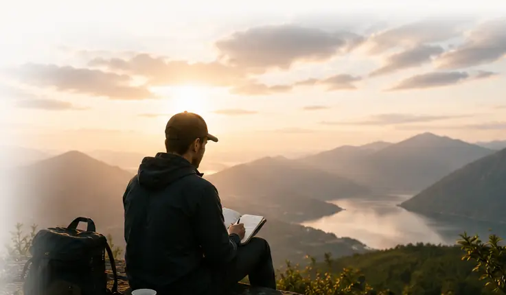 一位旅人在晨光中的山頂記錄觀察，遠方可見山谷與湖泊